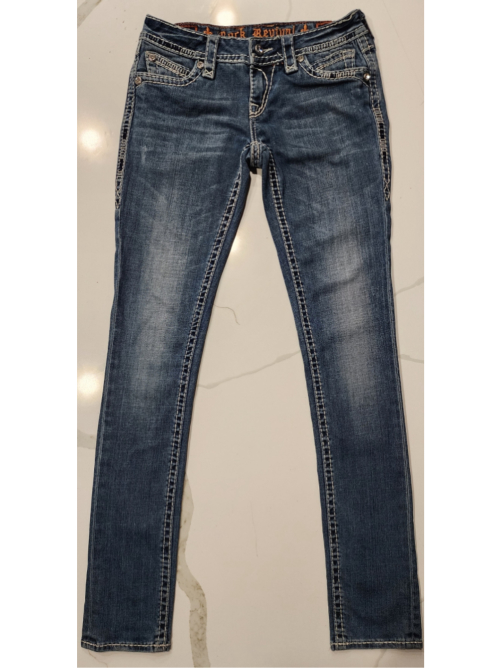 Rock Revival Elena Skinny Jeans Size 26 Flap Pocket Rhinestone Thick Stitch Y2K